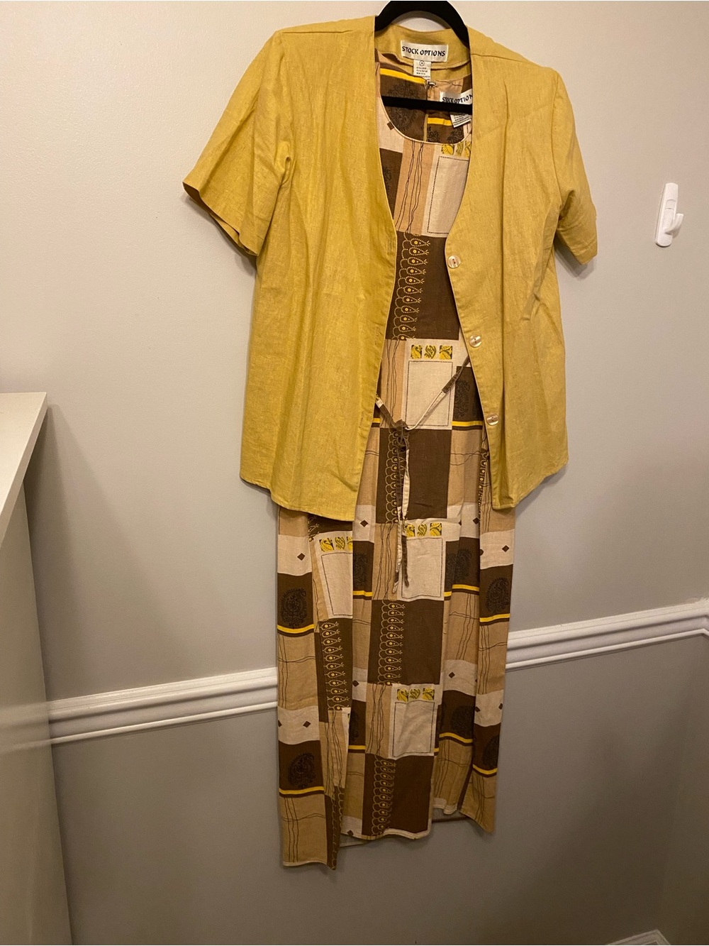 Vintage Two-Piece Mustard Yellow Jacket and Patterned Maxi Dress